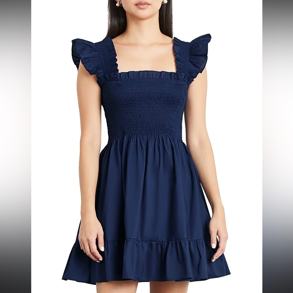 Hill House The Elizabeth Nap Dress Navy Smocked Mini Dress w Ruffle Straps XXS